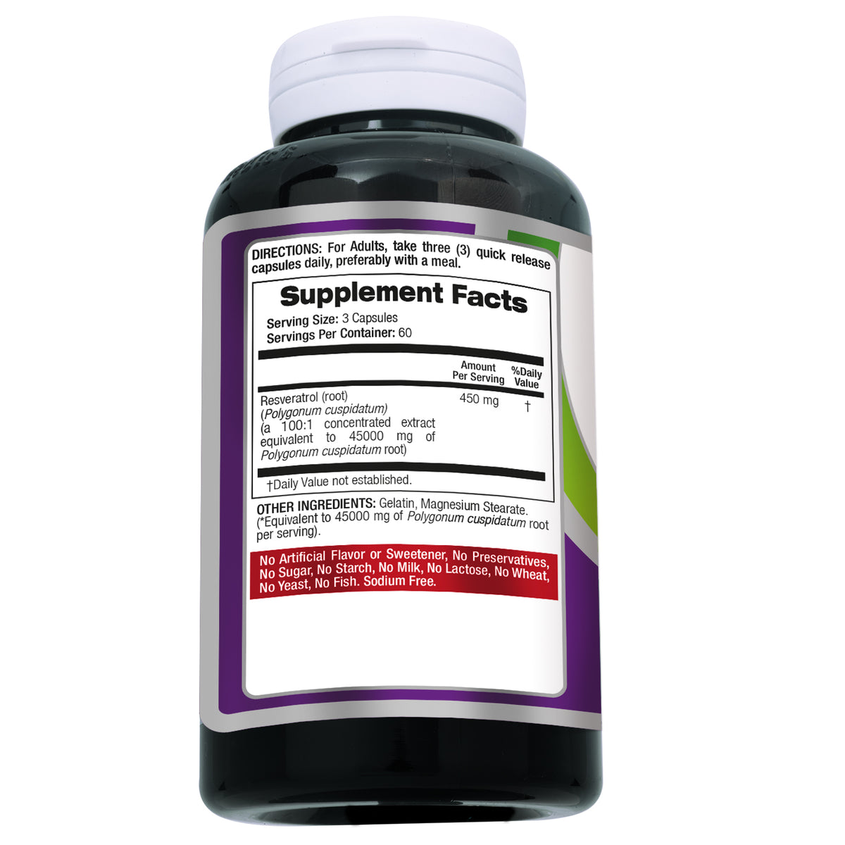 Resveratrol | Resveratrol supplements | Resveratrol capsules 450 mg 100:1 per 3-Capsule Serving | 180 Caps