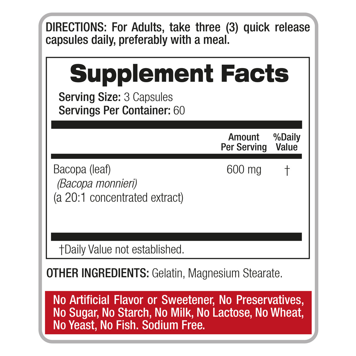 Bacopa Monnieri Leaf Extract 12,000 mg | 20:1 Concentrate | 180 Capsules