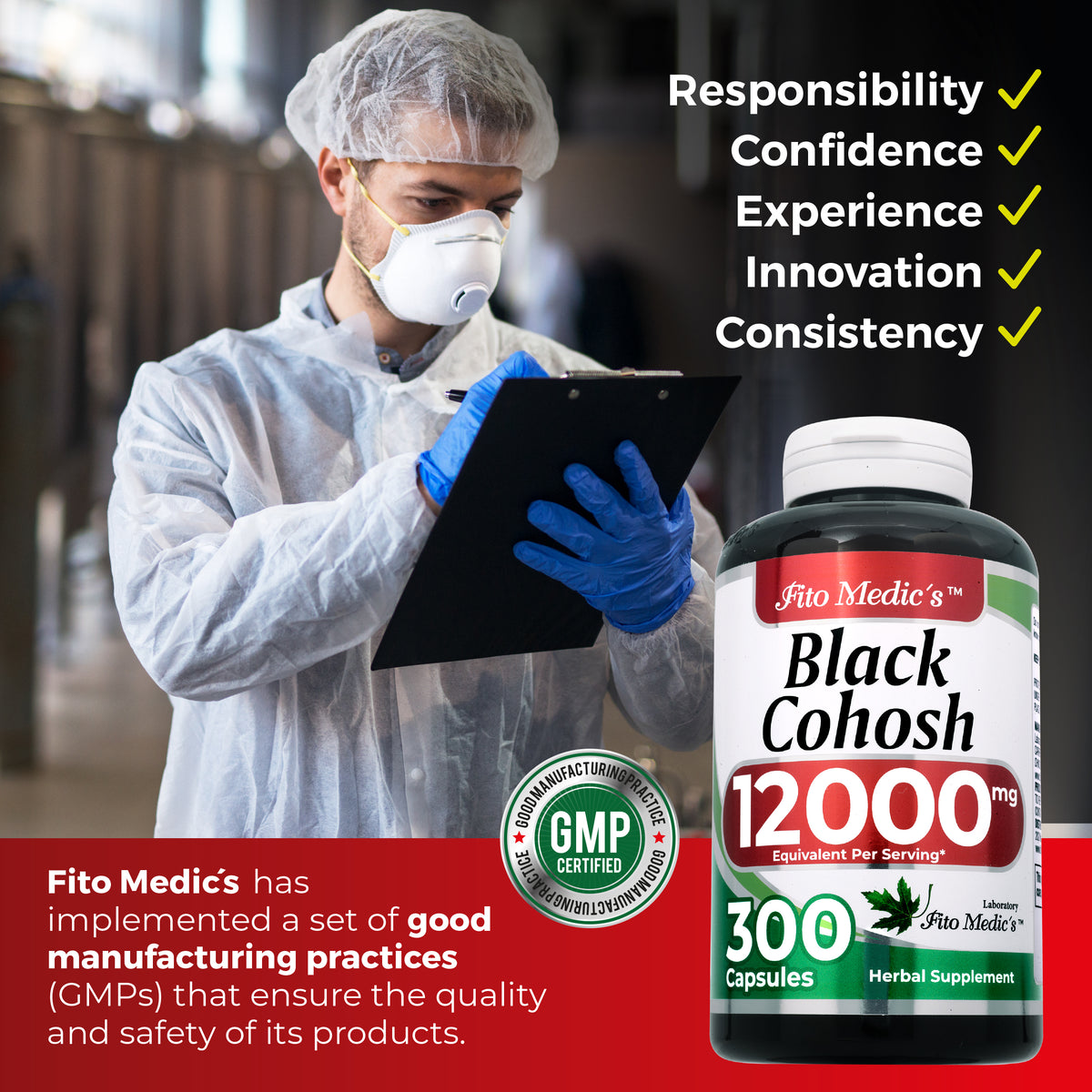 Black Cohosh Root Extract 12,000 mg | 20:1 Concentrate | 300 Capsules | By Fito Medic's