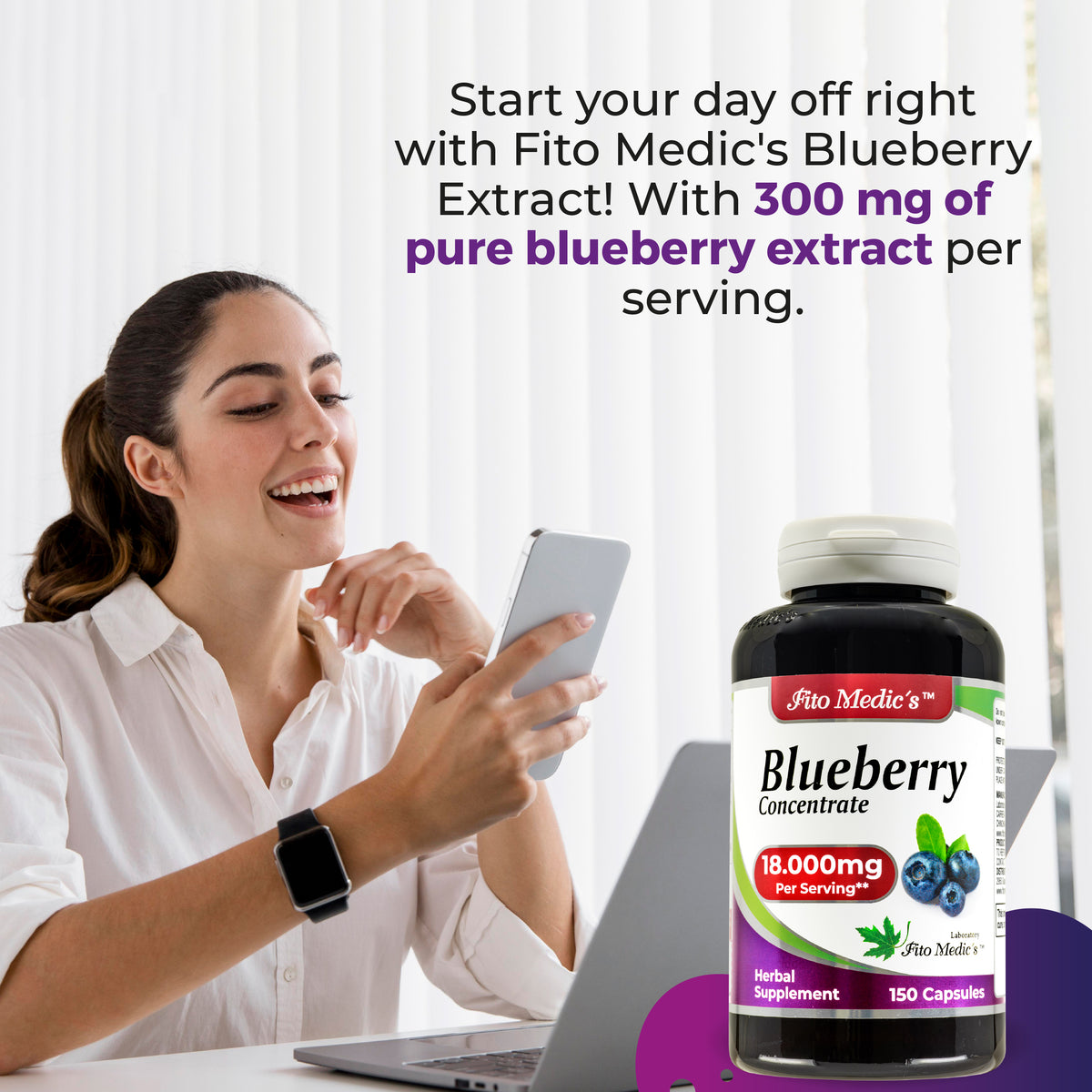 Blueberry Extract Capsules 18,000 mg – 60:1 Concentrate | 150 Quick Release Capsules | Bay Fito Medic's