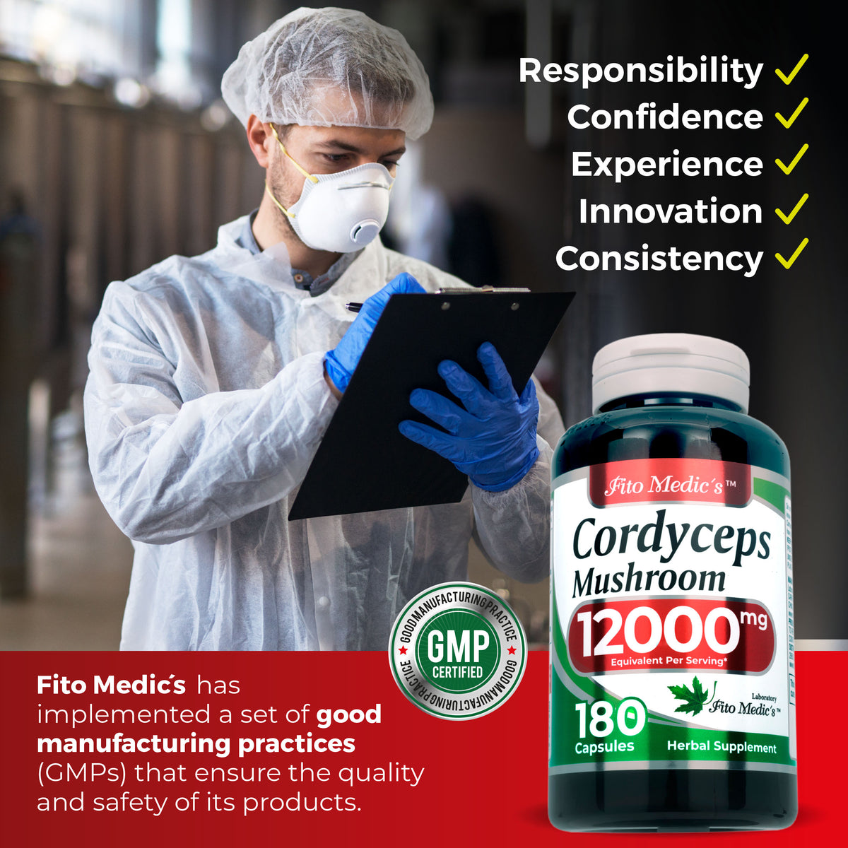 Cordyceps Mushroom Extract 12,000 mg Equivalent | 20:1 Concentrate | 180 Capsules | By Fito Medic's