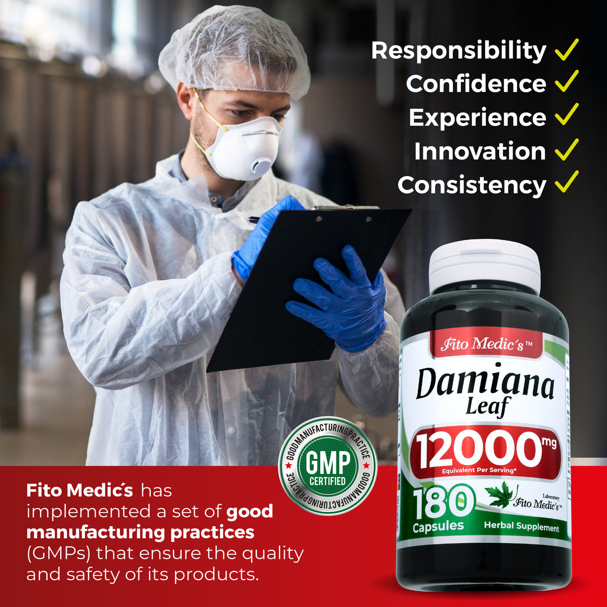 Damiana Leaf Extract 12,000 mg | 20:1 Concentrate | 180 Capsules | By Fito Medic's