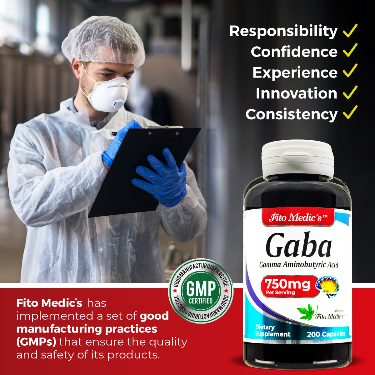 GABA 750 mg | Gamma-Aminobutyric Acid | 200 Capsules | By Fito Medic's