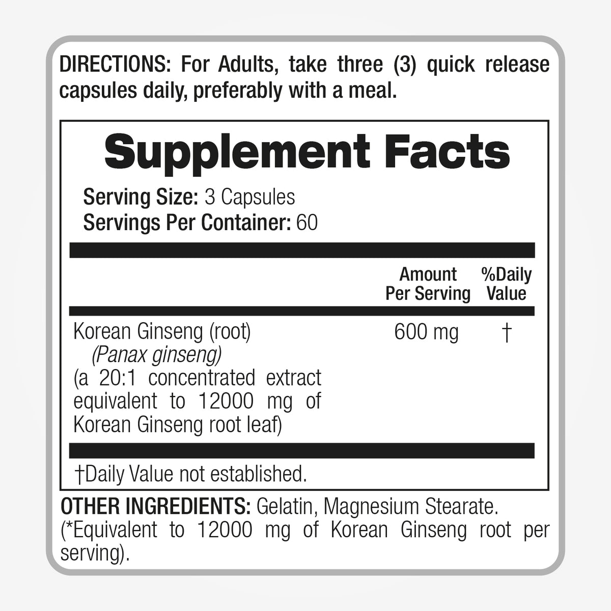 Korean Panax Ginseng Capsules | 180 Capsules | Concentrated Extract | Highly Absorbable Herbal Supplement