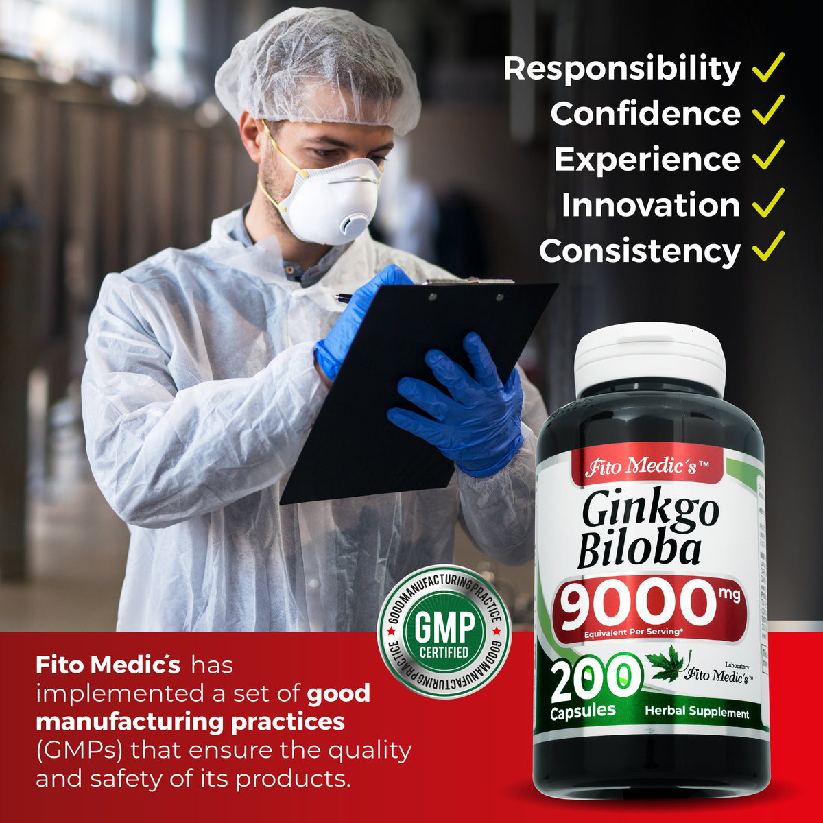 Ginkgo Biloba Leaf Extract 9,000 mg | 10:1 Concentrate | 200 Quick-Release Capsules | By Fito Medic's