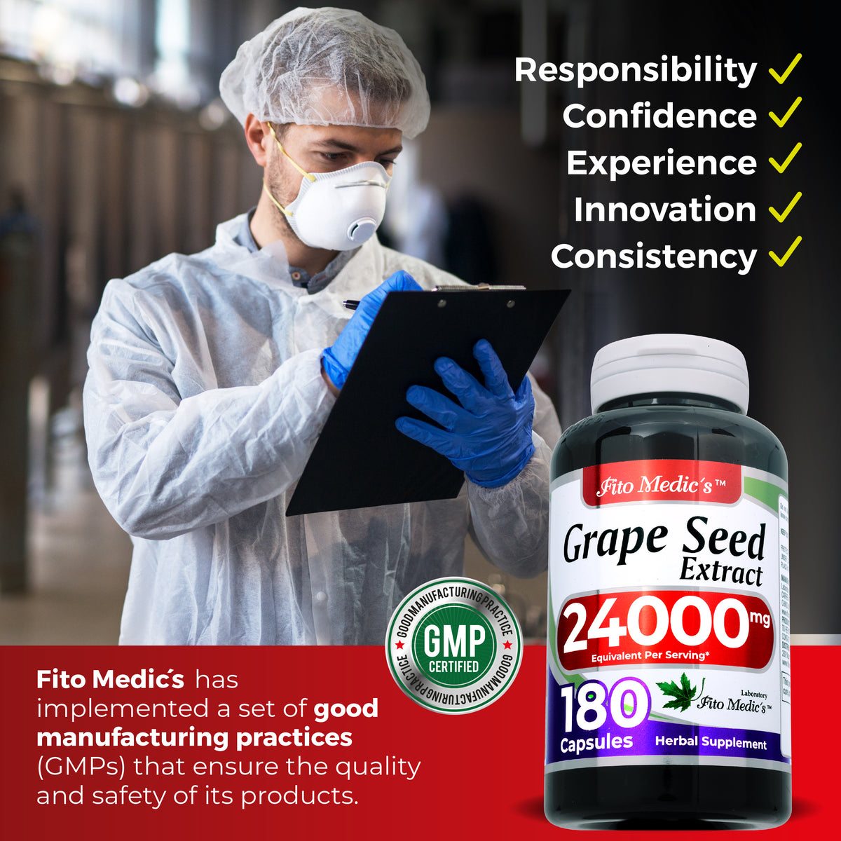 Grape Seed Extract 24,000 mg | 20:1 Concentrate | 180 Capsules | By Fito Medics