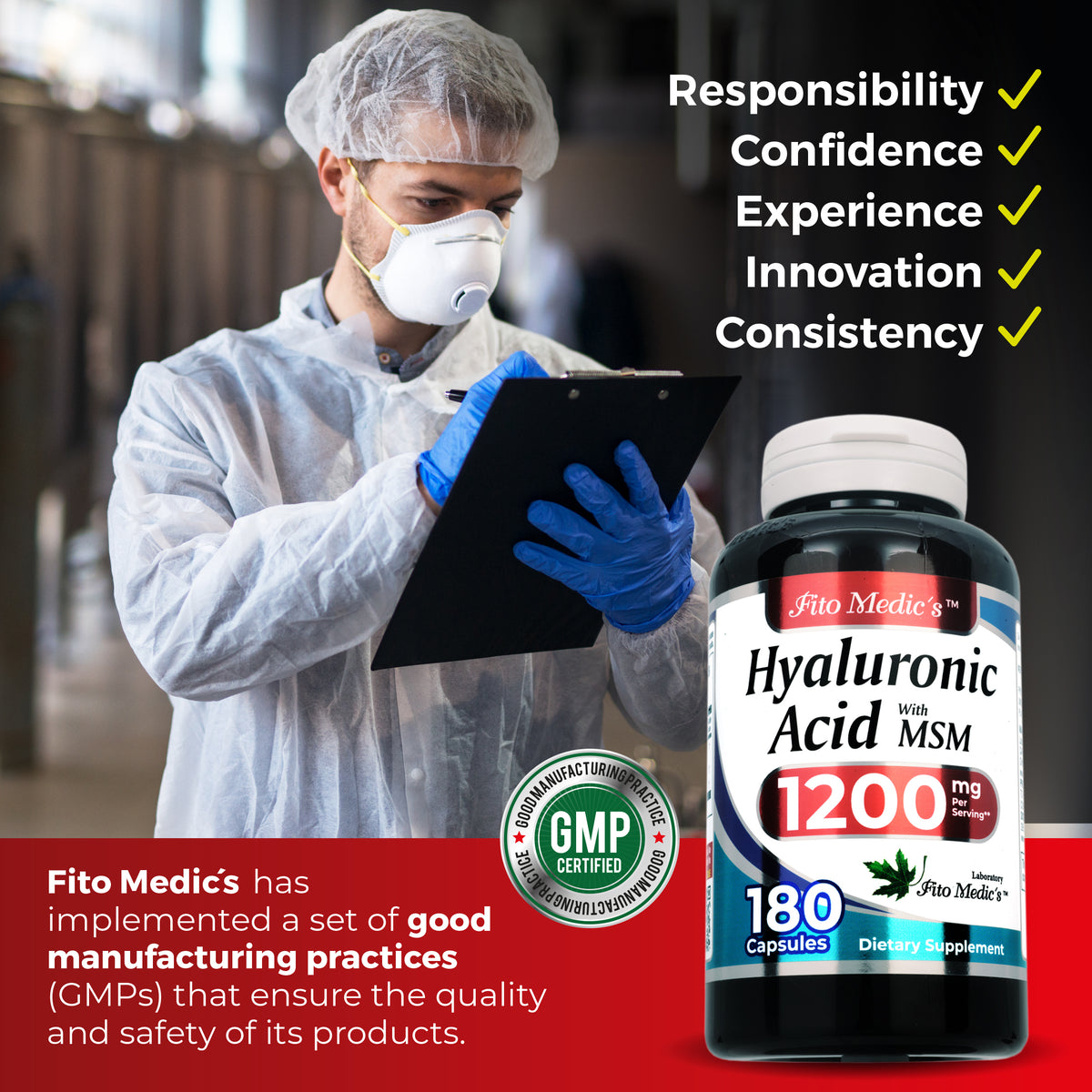Hyaluronic Acid with MSM 1,200 mg | Hyaluronic Acid/MSM Blend Complex | 180 Capsules | By Fito Medic's