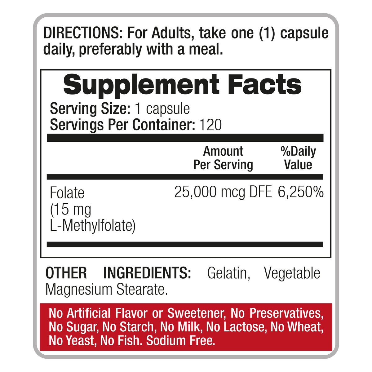 L-Methylfolate 15 mg – 25,000 mcg DFE Folate | 120 Capsules | By Fito Medic's