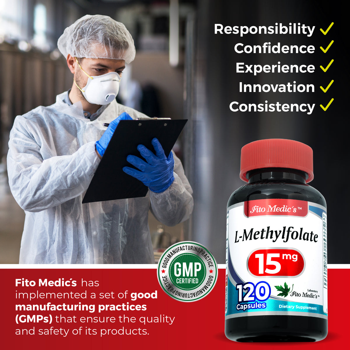 L-Methylfolate 15 mg – 25,000 mcg DFE Folate | 120 Capsules | By Fito Medic's