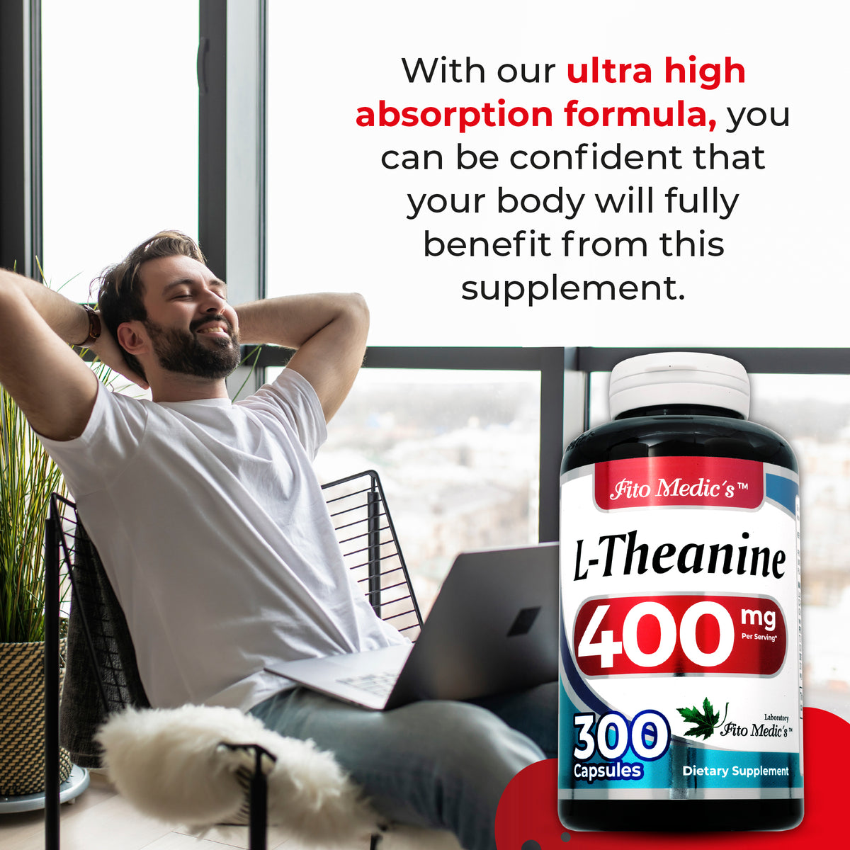 L-Theanine 400 mg | Amino Acid Supplement | 300 Capsules | By Fito Medic's