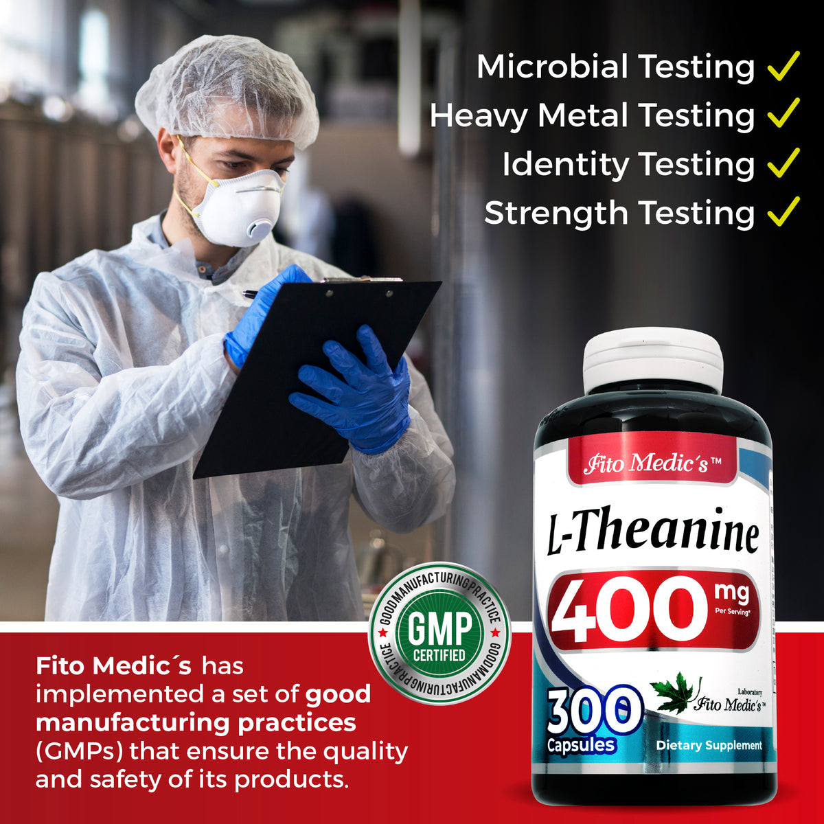 L-Theanine 400 mg | Amino Acid Supplement | 300 Capsules | By Fito Medic's