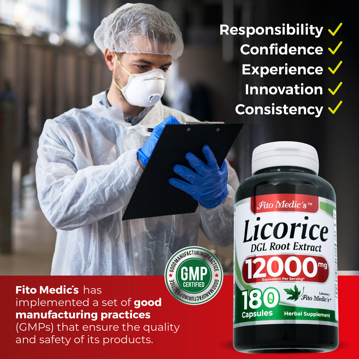 DGL Licorice Root Extract 12,000 mg | 20:1 Concentrate | 180 Capsules | By Fito Medic's