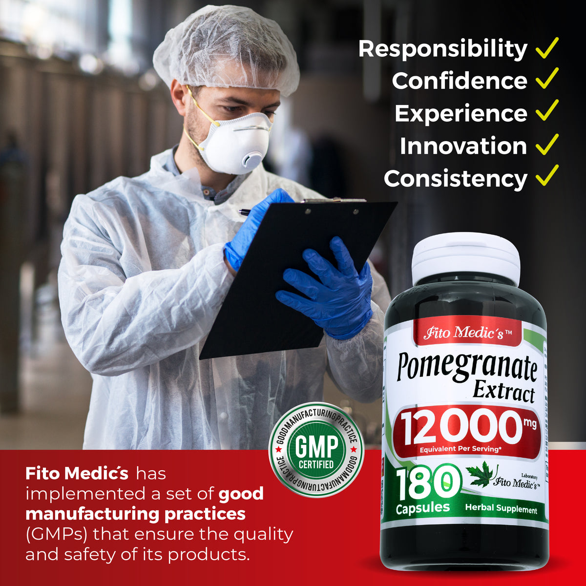 Pomegranate Extract 12,000 mg | 20:1 Concentrate | 180 Quick-Release Capsules | By Fito Medic's