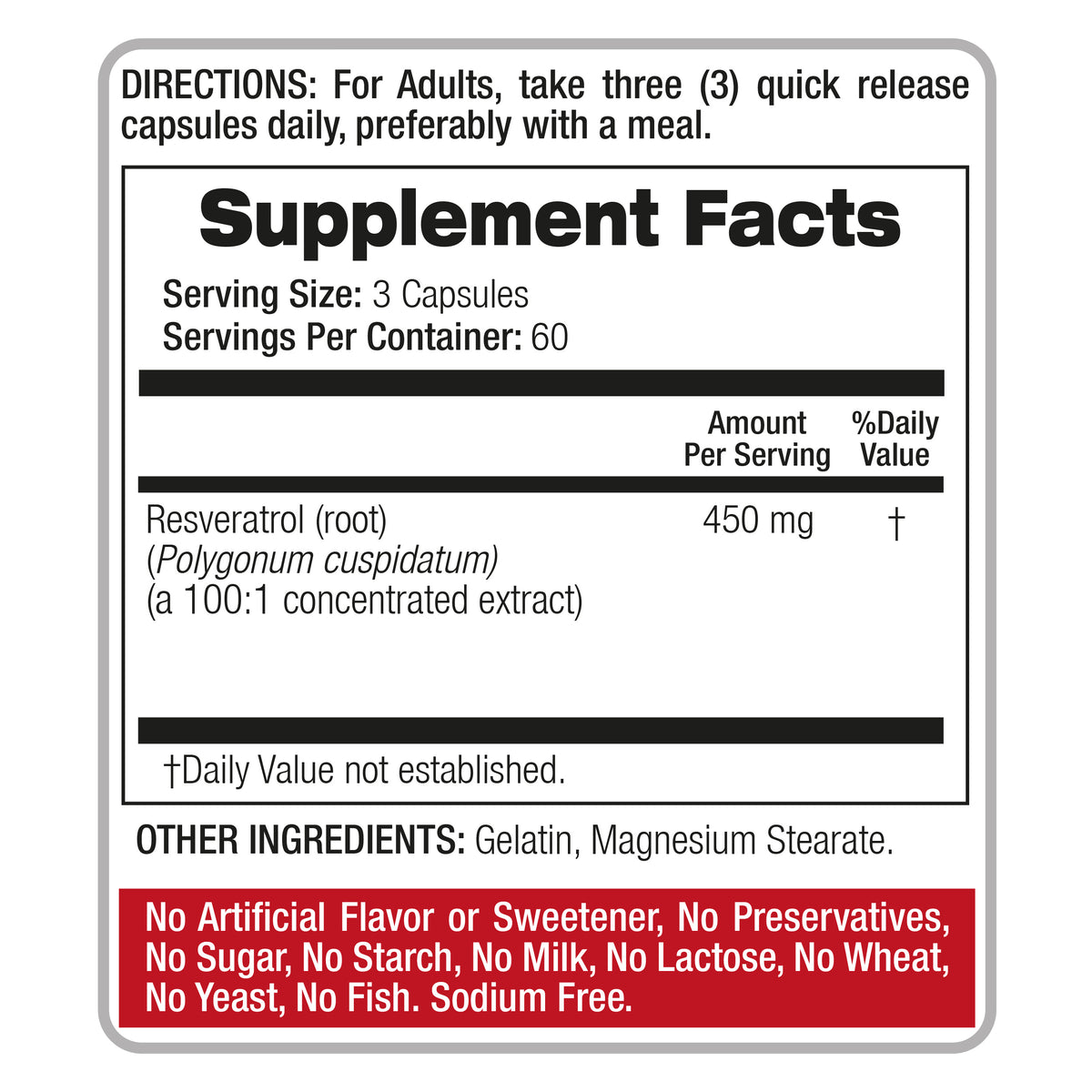 Resveratrol | Resveratrol supplements | Resveratrol capsules 450 mg 100:1 per 3-Capsule Serving | 180 Caps