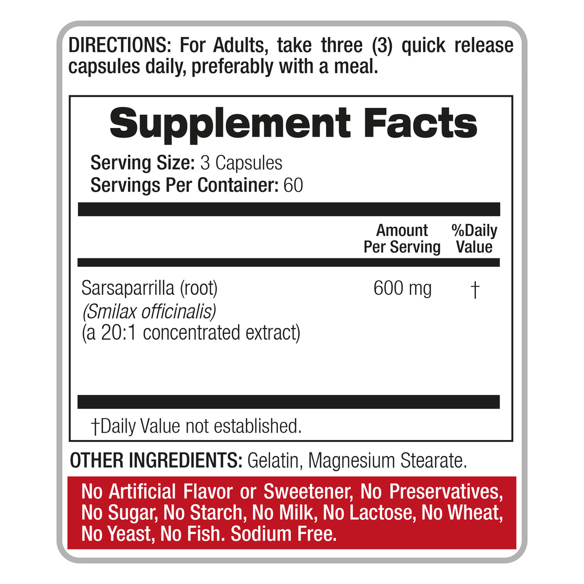 Sarsaparilla Root Extract 12,000 mg | 20:1 Concentrate | 180 Quick-Release Capsules | By Fito Medic's