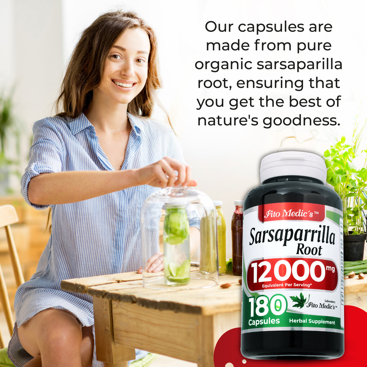 Sarsaparilla Root Extract 12,000 mg | 20:1 Concentrate | 180 Quick-Release Capsules | By Fito Medic's