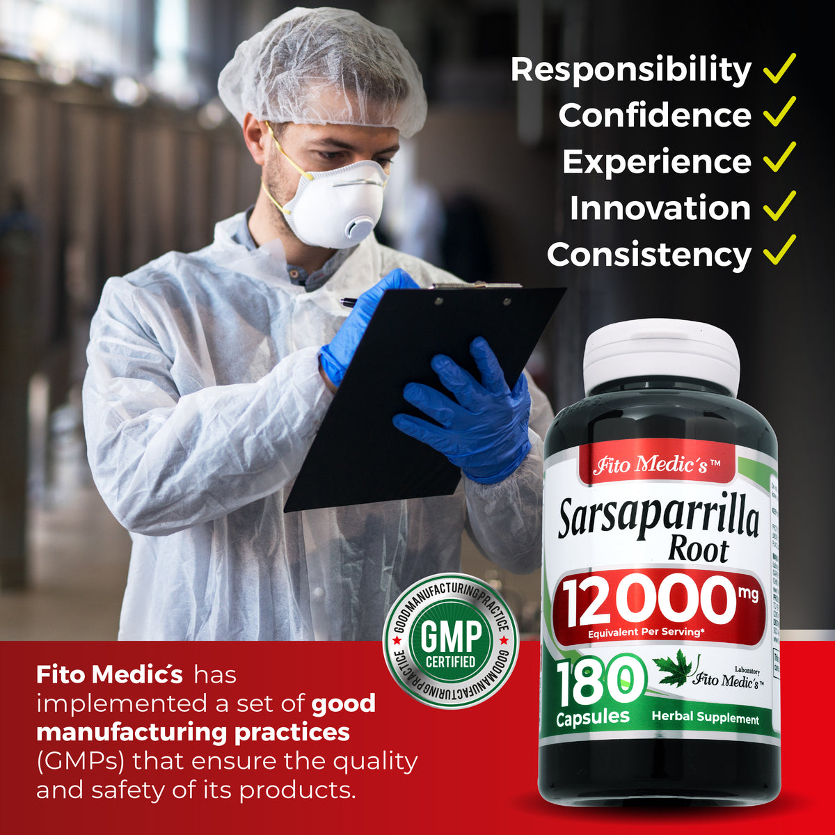Sarsaparilla Root Extract 12,000 mg | 20:1 Concentrate | 180 Quick-Release Capsules | By Fito Medic's