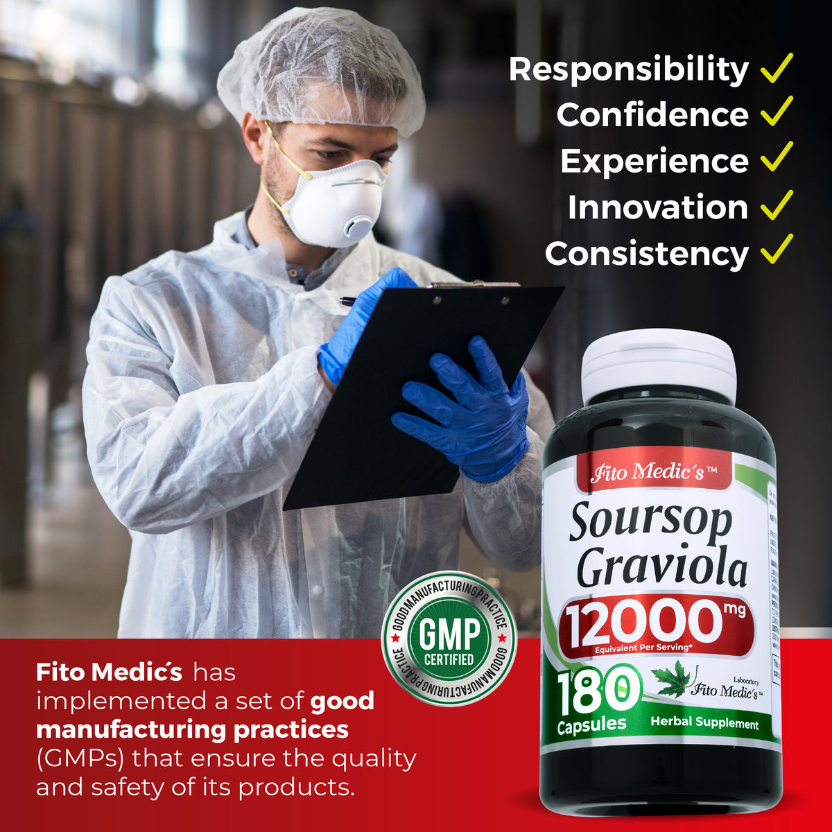 Graviola Fruit Extract 12,000 mg | 20:1 Concentrate | Soursop | 180 Capsules | By Fito Medic's