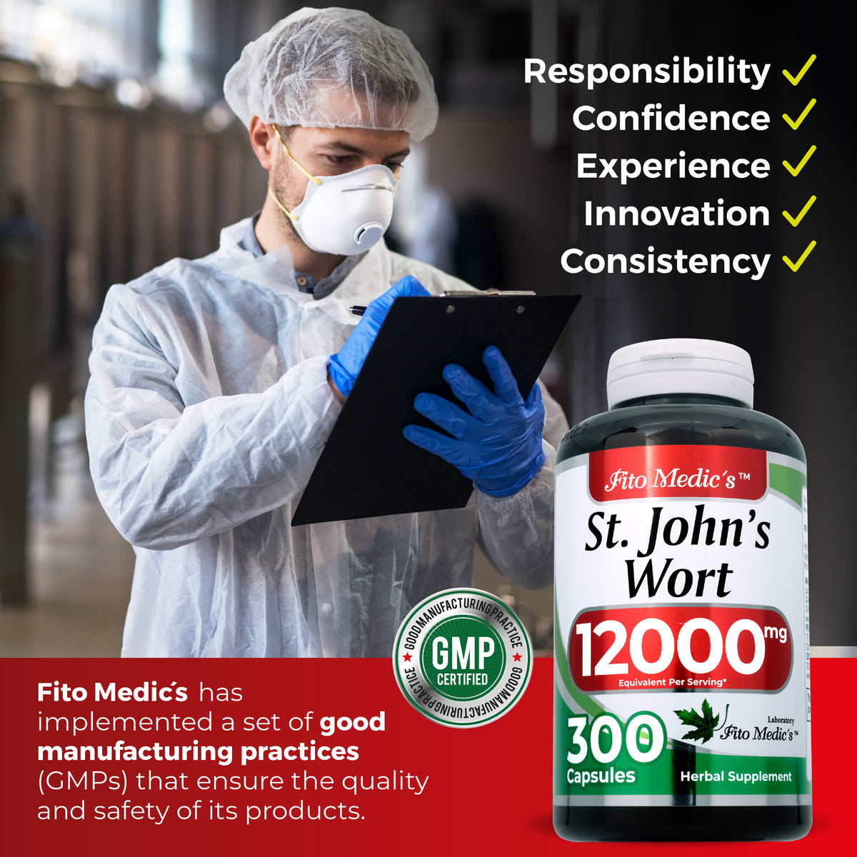 St. John’s Wort Extract 12,000 mg | 20:1 Concentrate | 300 Quick-Release Capsules | By Fito Medic's