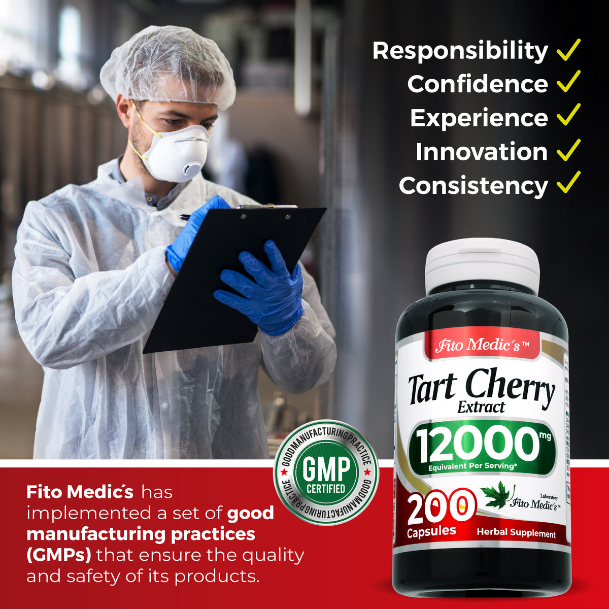 Tart Cherry Extract Capsules 12,000 mg | 20:1 Concentrate | 200 Capsules | By Fito Medic's