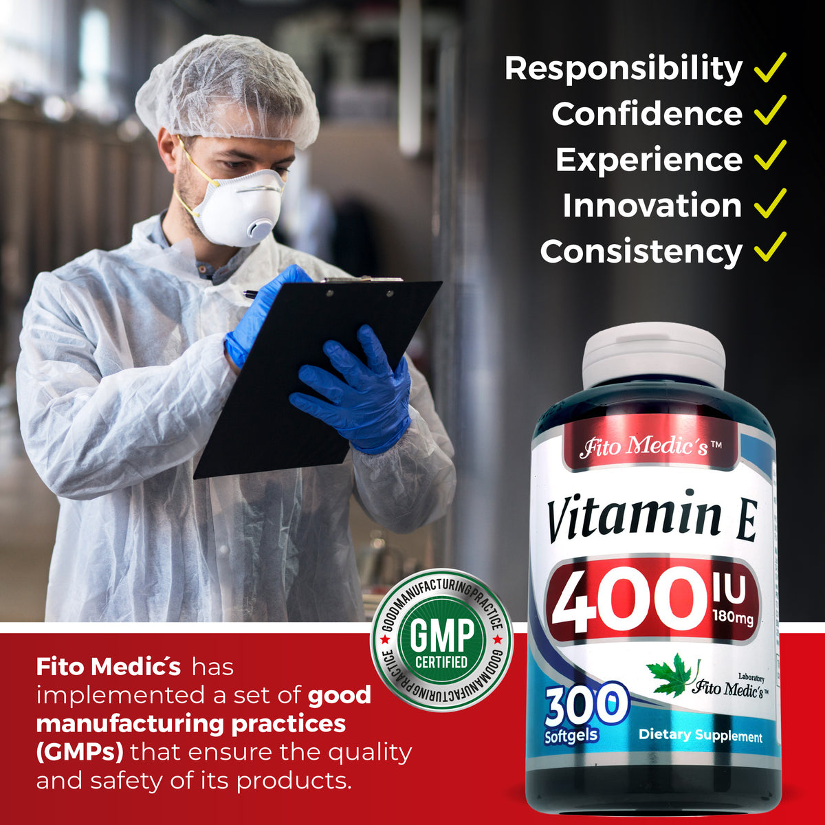 Vitamin E 400 IU (180 mg) | dl-Alpha Tocopheryl Acetate | 300 Softgels | By Fito Medic's