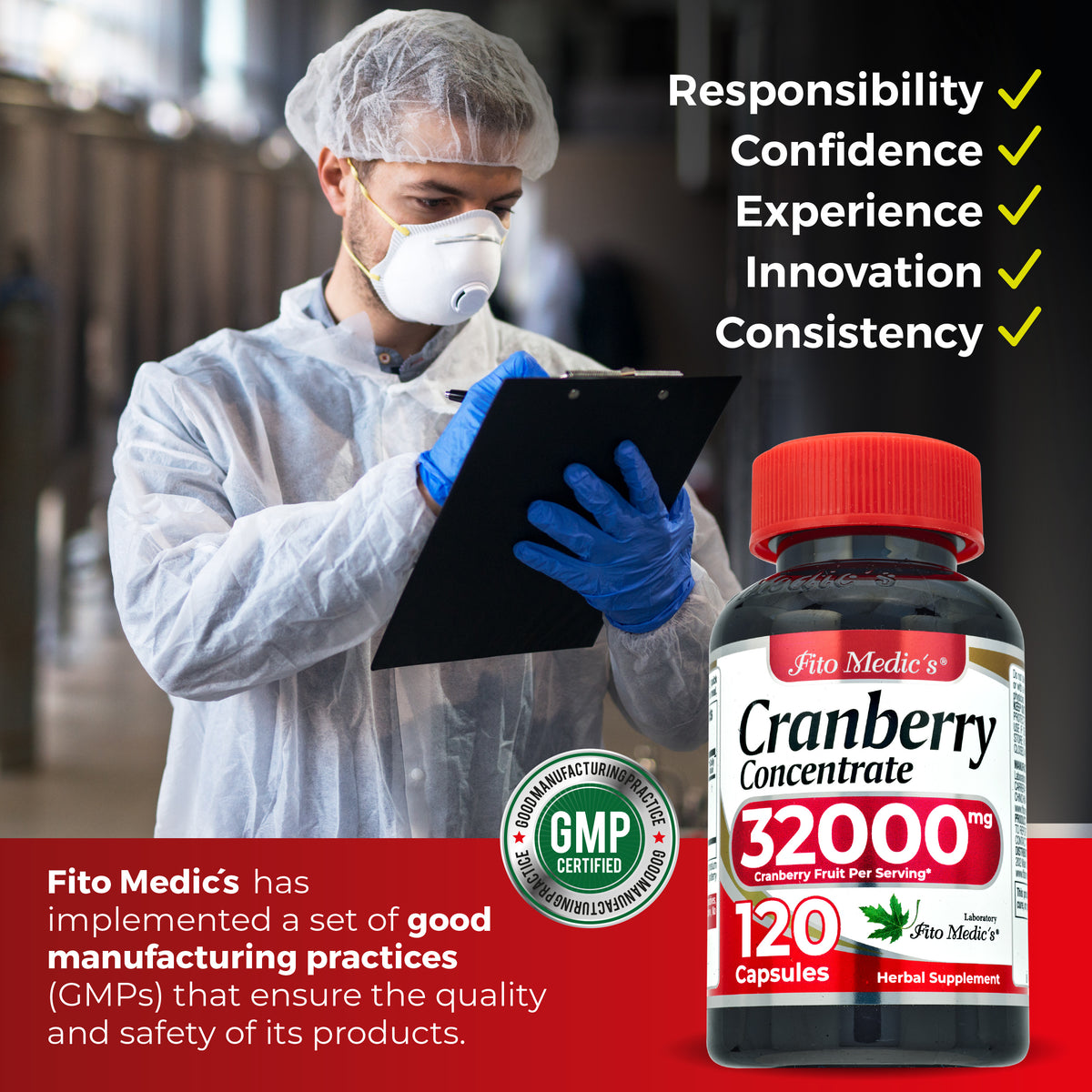 Cranberry Fruit Extract 32,000 mg Equivalent | 80:1 Concentrate | 120 Capsules | By Fito Medic's