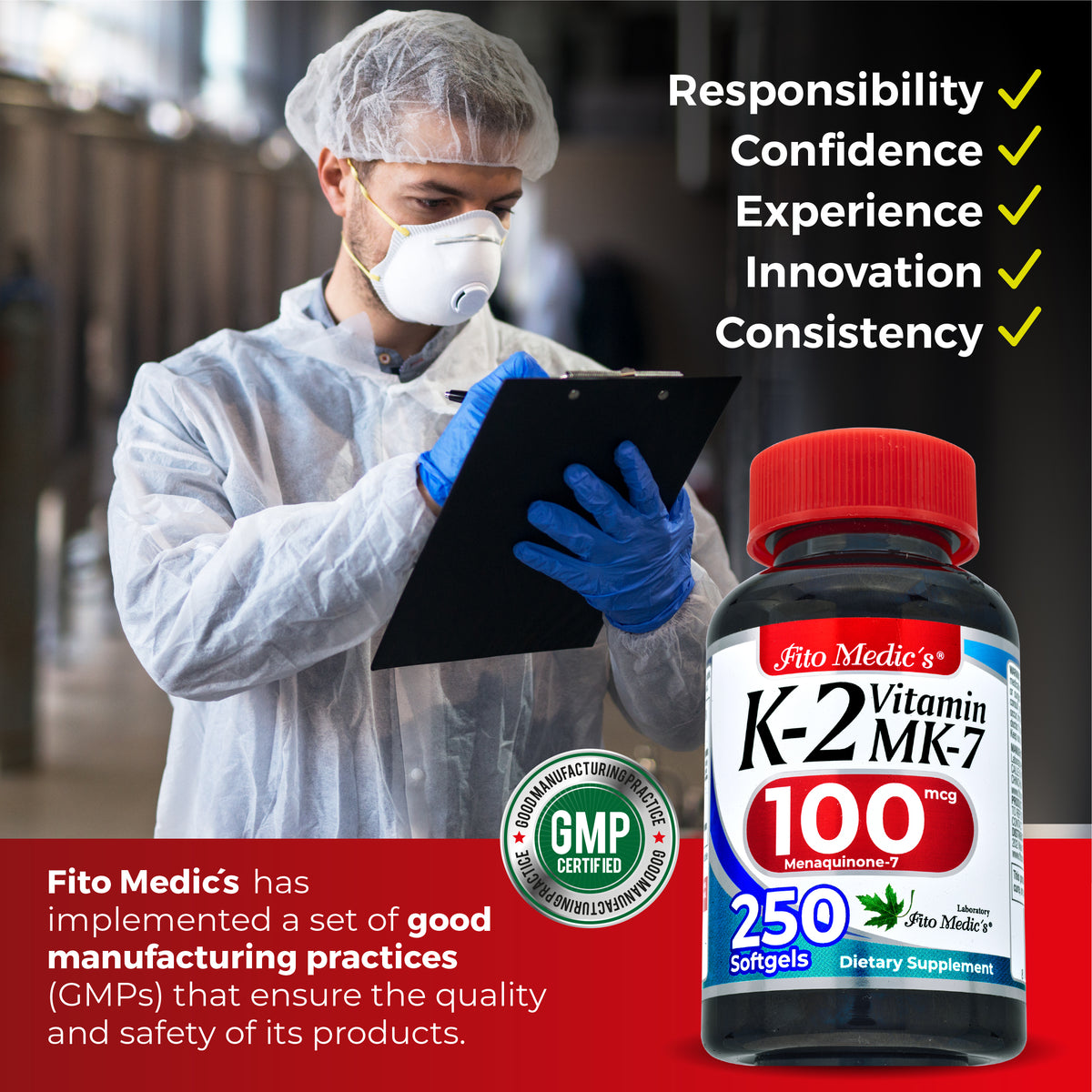 Vitamin K2 100 mcg | MK-7 Menaquinone-7 | 250 Softgels | By Fito Medic's
